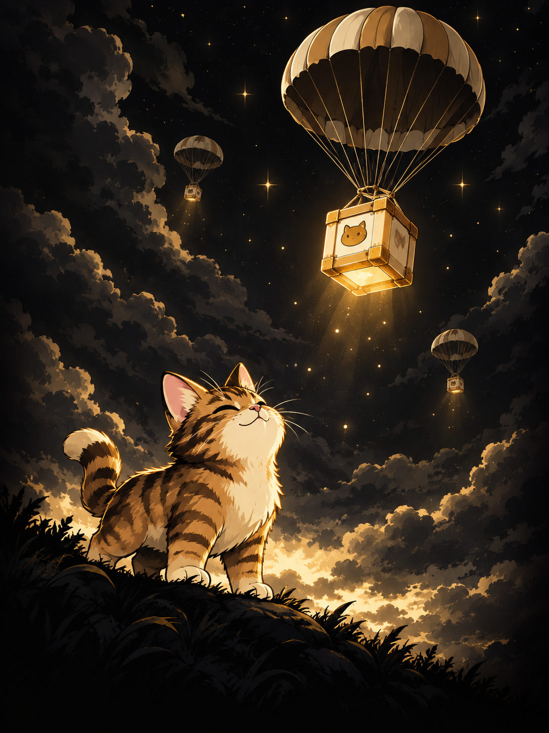 Cartoon Cate watching golden supply crates descend by parachute