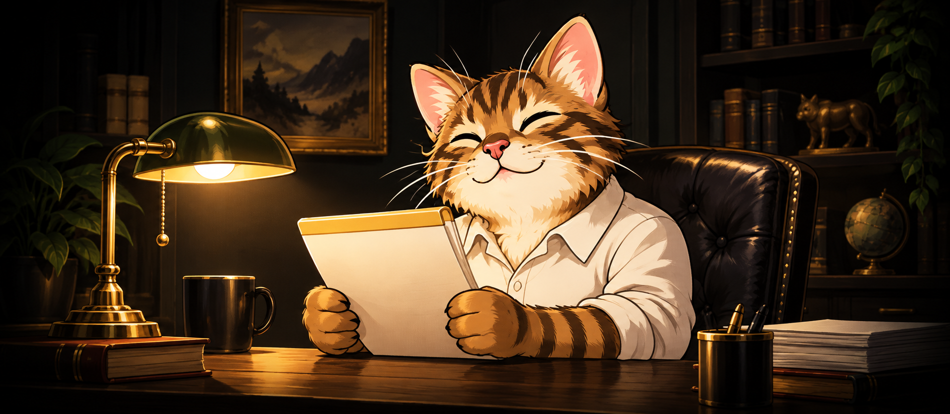 Cartoon Cate reviewing a paper pad at a warmly lit desk